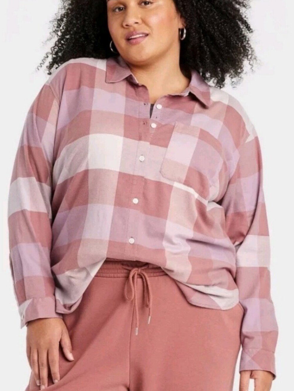 Plus-Size Pink Plaid Button-Up Shirt